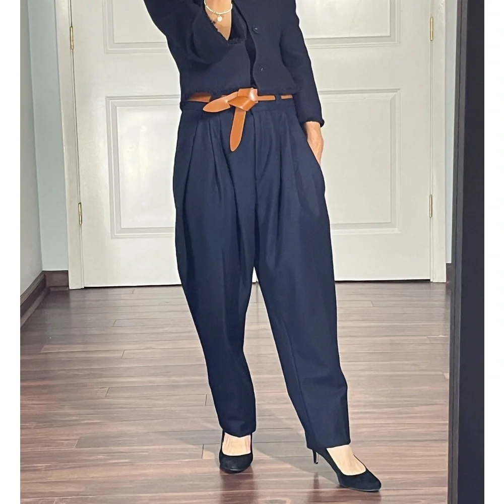 Vintage navy pleated trousers tapered legs - Picture 6 of 11